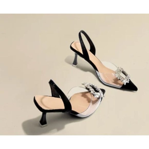 Black Clear Rhinestone Slingback Sandal Pumps - Picture 5 of 13